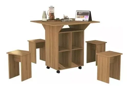 Mesa De Cozinha Dobrável 90cm Annie C/ Bancos e Rodizio 100% Mdf - Amendoa - 3 Mesa De Cozinha Dobrável 90cm Annie C/ Bancos e Rodizio 100% Mdf - Amendoa - 3