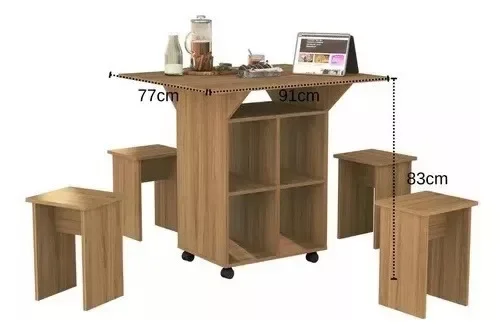 Mesa De Cozinha Dobrável 90cm Annie C/ Bancos e Rodizio 100% Mdf - Amendoa - 2 Mesa De Cozinha Dobrável 90cm Annie C/ Bancos e Rodizio 100% Mdf - Amendoa - 2
