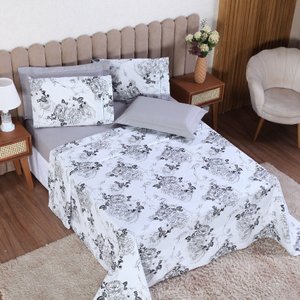 Jogo de Cama King 6p Lençol + Fronha Esmeralda Percal 100% Algodão:floral Cinza