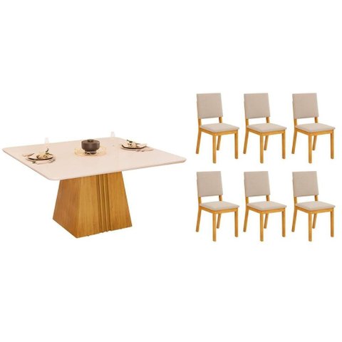Sala de Jantar Completa Itália C/ Tampo Madeirado C/ Vidro Curvo 136x136cm e 6 Cadeiras Talia Cedro