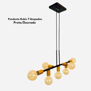 Luminária de Teto Pendente Rubis para 7 Lâmpadas 68cm Moderno Industrial - Preto/dourado