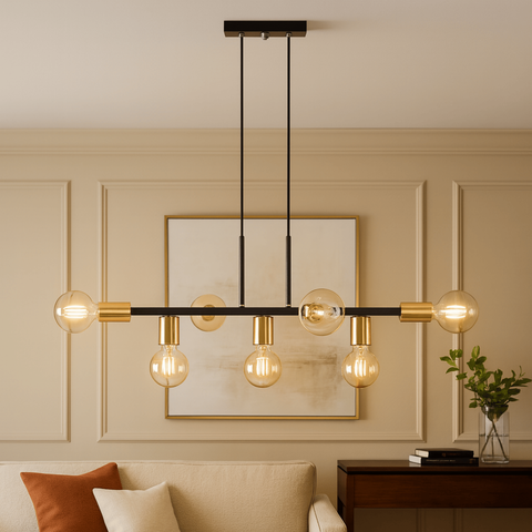 Lustre Luminária de Teto Pendente Rubis para 7 Lâmpadas 68cm Moderno Industrial - Preto/verniz Ouro