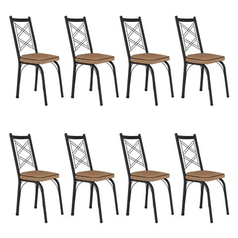 Kit 8 Cadeiras de Cozinha Delaware Estampado Rattan Bege Pés de Ferro Preto - Pallazio