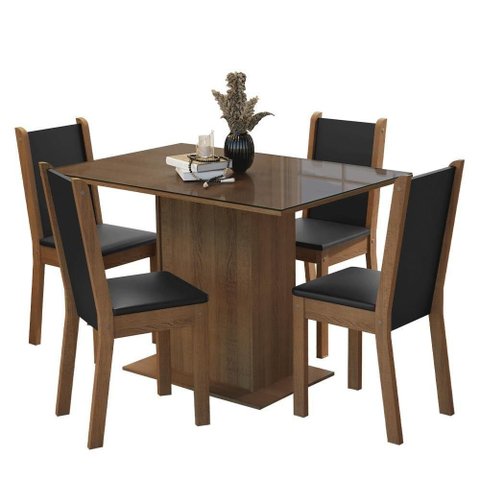 Conjunto Sala de Jantar Mesa Tampo de Vidro 4 Cadeiras Rustic Preto Martina Madesa