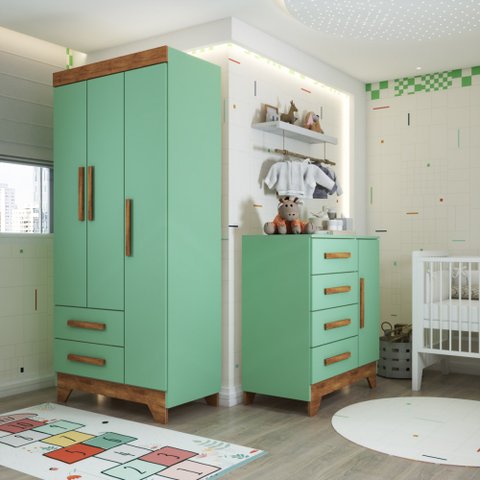 Quarto Infantil Completo Kids 4 Portas 6 Gavetas Verde/nature - Panorama Móveis