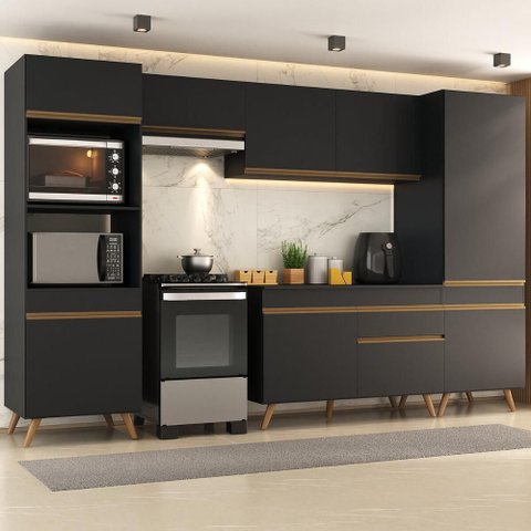 Armário Cozinha Modulada Completa 314cm com Balcão Veneza Multimóveis Mp3757 Preto/dourado