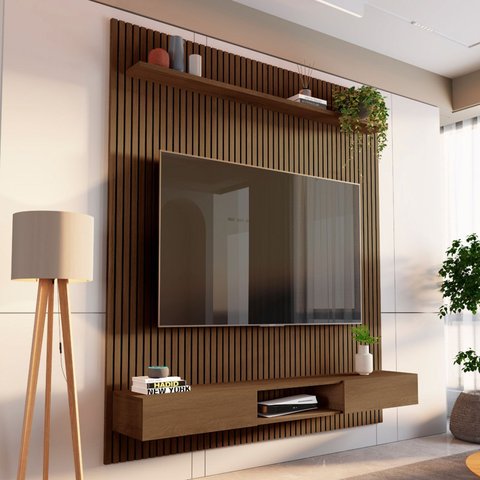 Painel Ripado para TV até 72 Polegadas 100% MDF 185,5CMX250CM Nicho Aloe CabeCasa MadeiraOriginals