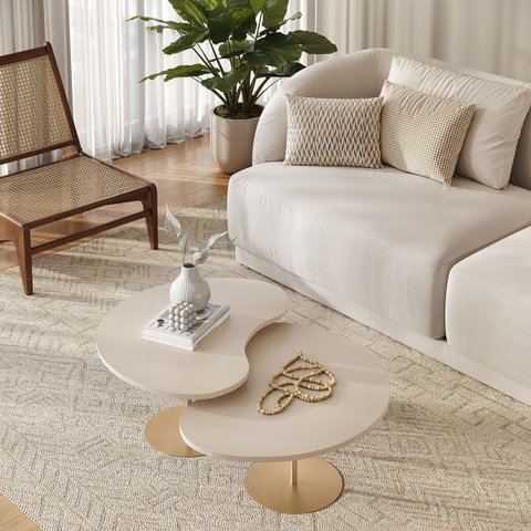 Kit 2 Mesas de Centro para Sala Design Orgânica Gaia com Metal Dourado e MDF Off White