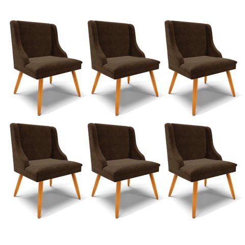 Kit 6 Cadeiras Decorativas Sala de Jantar Pés Palito de Madeira Firenze Suede Marrom/Natural G19 - G