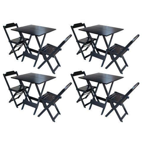 Kit 4 Conjuntos De Mesa Dobravel Com 2 Cadeiras De Madeira 70X70 - Pret - Preto