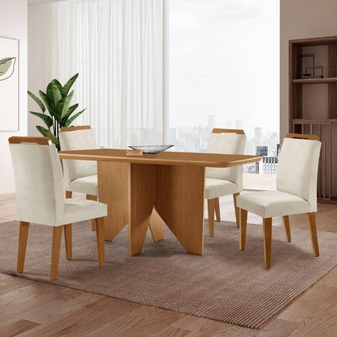 Mesa Evora 120 Mdf com 4 Cadeiras Athenas Veludo Creme-naturalle-naturalle