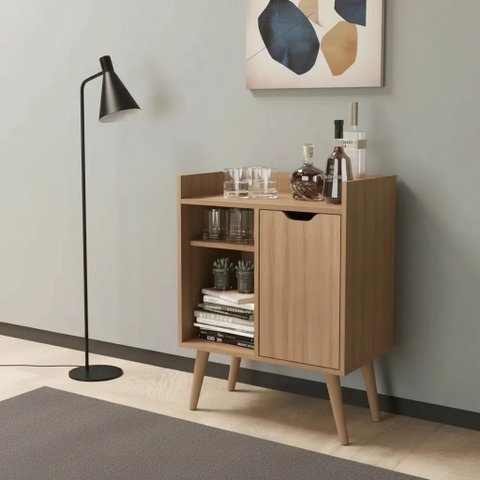 Balcão Aparador Barzinho Multifuncional 60cm com Nichos Organizadores Tecnomóbili Amêndoa