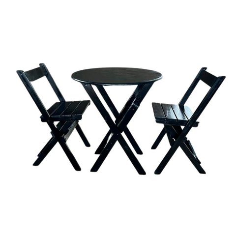 Mesa Madeira 68cm Diametro Dobravel com 2 Cadeiras Bares Preto / Liso