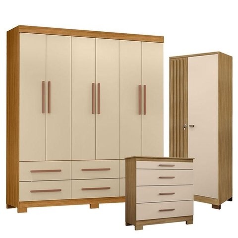 Guarda Roupa Casal New Kansas com Cômoda 4 Gavetas New e Armário Multiuso Versatile Carvalho