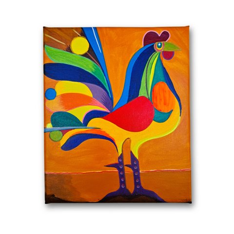 Mini Quadro Decorativo de Galo Colorido Estilizado Medindo 30x25cm Pintado