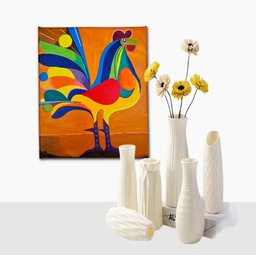 Mini Quadro Decorativo de Galo Colorido Estilizado Medindo 30x25cm Pintado - 6