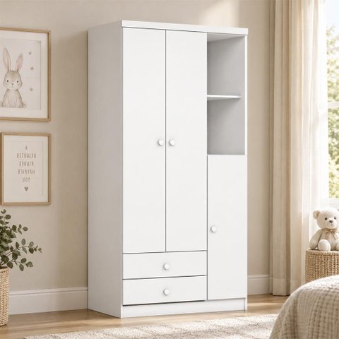 Guarda Roupa Infantil Bala de Menta 3 Portas e 2 Gavetas Branco - Móveis Henn