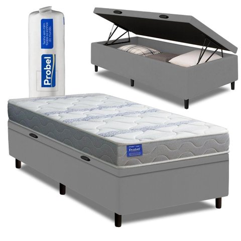 Cama Box Baú Solteiro Probel Espuma D33 88x188x55 Night Day a Vácuo Branco/cinza
