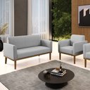 Ver imagem 1 de Conjunto Poltrona e Namoradeira Decorativa Isabella Pés Fixo em Madeira Castanho Linho Cinza G19 - G