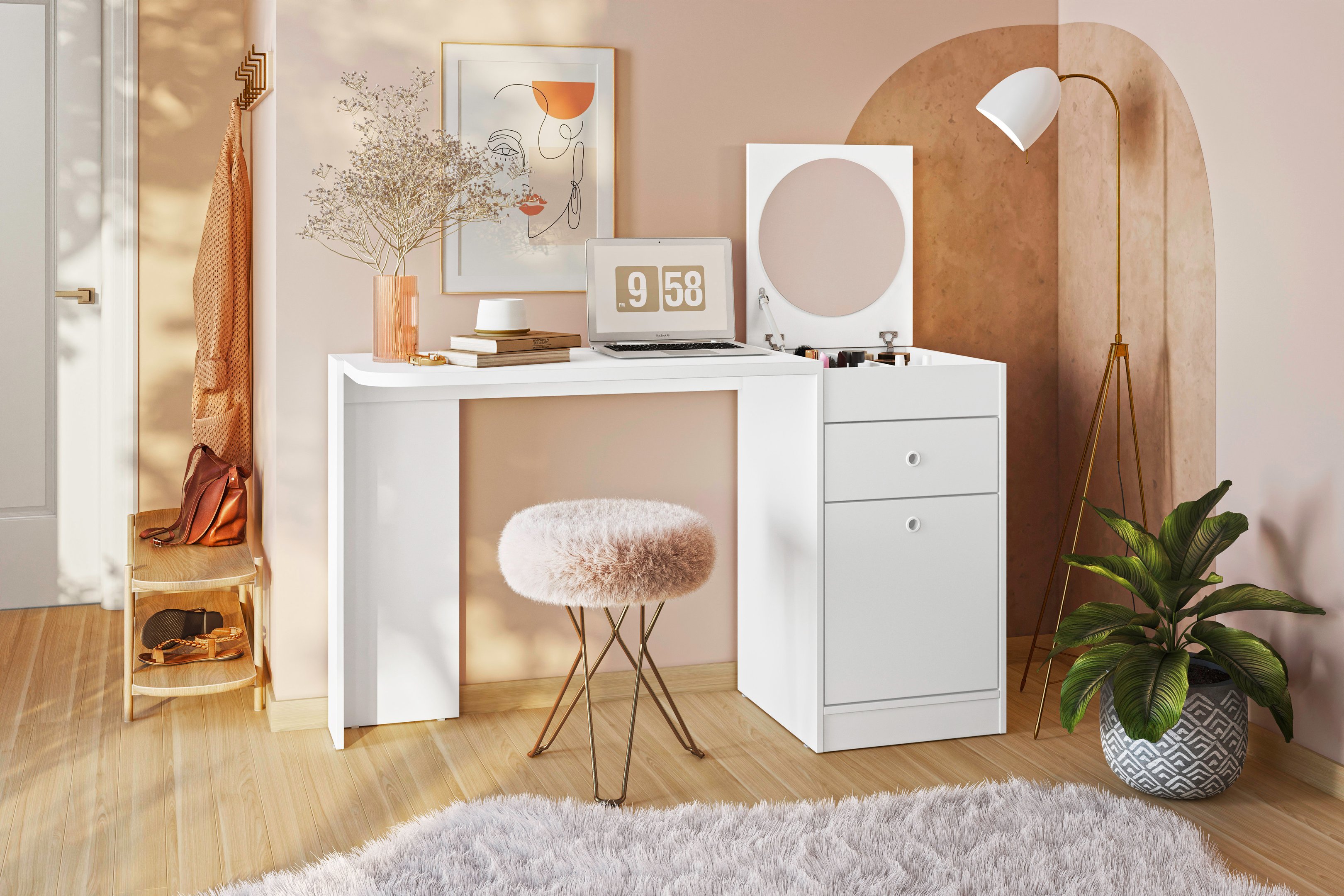 Escrivaninha Camarim Penteadeira Premium Desejo Moderna Maquiadora Quato Luxo Meninas Cor Branco - 3