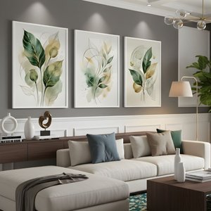 Kit 3 Quadros Folhagem Verde Dourado Aquarela:branca