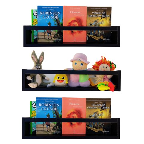 3 Prateleiras de Livros Brinquedos Infantis Estante Revisteiro de Parede Porta Bonecos Mdf Preto 55c