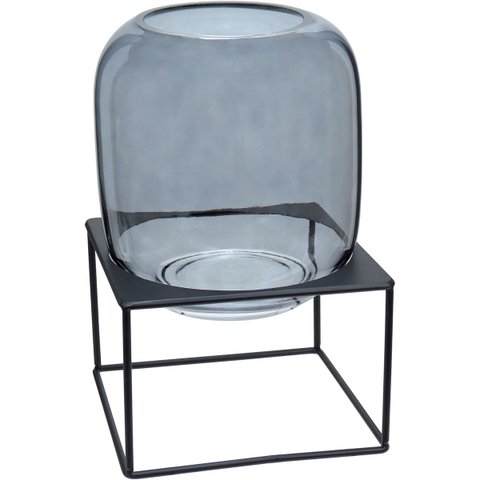 Vaso Decorativo Enfeite Casa Home&Co com Suporte Metal Vidro 30x21x21cm Fume