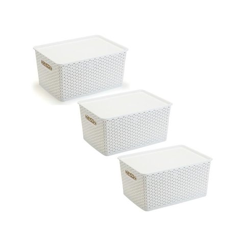 3 Caixas Organizadoras com Tampa Grande 15 Lts Rattan Branco