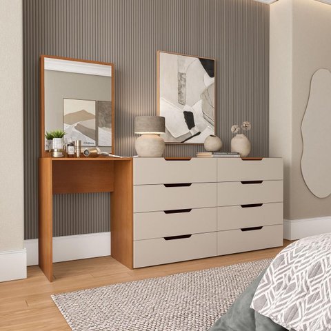 Cômoda Penteadeira Madri 8 Gavetas c/ Espelho 209x160cm Creme/Freijó 250804