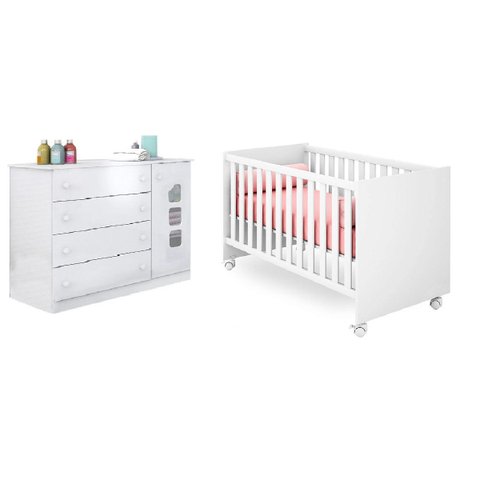 Berço Mini Cama Americano + Cômoda Sapateira Ana Lívia MDF Branco para Jogo de Quarto Infantil - Bel