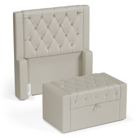 Cabeceira e Calçadeira Báu Solteiro Atena 90cm Capitonê Sintético Bege - Desk Design