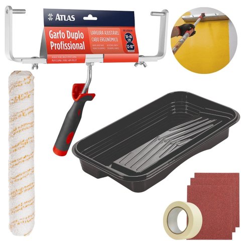 Suporte Garfo Duplo Ajustável para Rolos Pintura de 30 a 46cm + Rolo Grande 46cm + Bandeja 4,3l