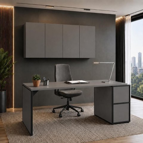 Mesa Escrivaninha 1,70m Pé Painel com 2 Armários Aéreos Cinza Sagrado com Preto MDF-MDP