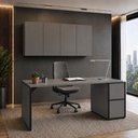 Ver imagem 1 de Mesa Escrivaninha 1,70m Pé Painel com 2 Armários Aéreos Cinza Sagrado com Preto MDF-MDP