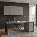 Ver mais imagens de Mesa Escrivaninha 1,70m Pé Painel com 2 Armários Aéreos Cinza Sagrado com Preto MDF-MDP