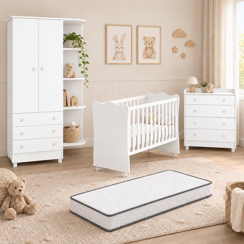 Quarto de Bebê Completo Doce Sonho com Berço Guarda Roupa 2 Portas Cômoda Trocador e Colchão Movellu