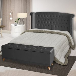 Kit de Quarto Cabeceira de Cama Box e Calçadeira Baú Toquio Casal Queen 160 Cm Suede Grafite Eli Móv