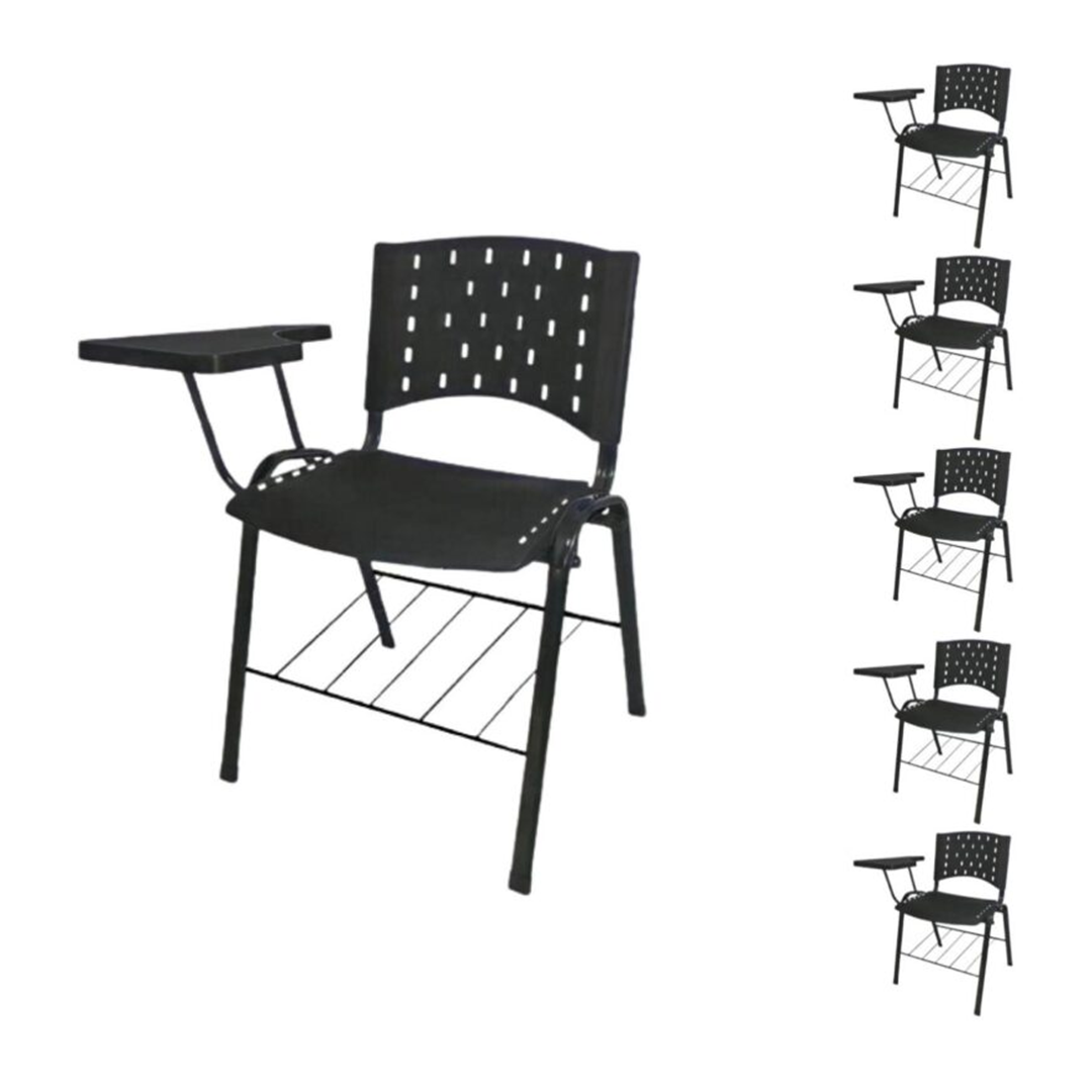 Kit com 05 Cadeiras Universitárias com Prancheta Polipropileno e Porta Livros – Cor Preto - 4008 - 2