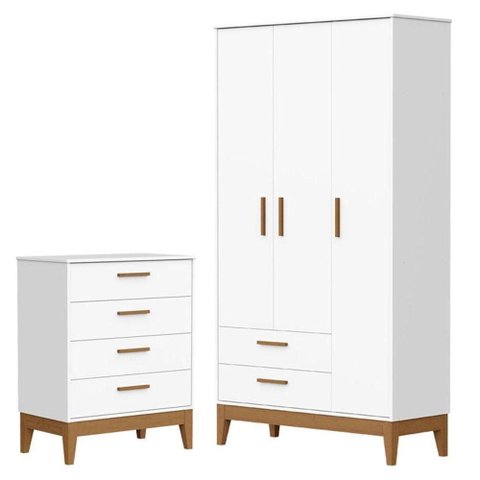 Guarda Roupa Infantil Flip 3 Portas com Cômoda Gaveteiro Infantil Flip Branco Acetinado - Reller