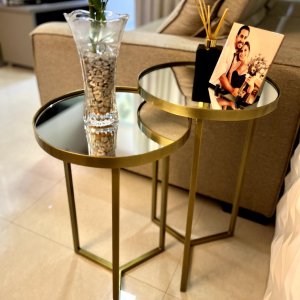 Conjunto de Mesa Lateral Aço com Espelho Redonda Steel Glass Dourado - Lh Móveis