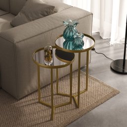 Conjunto de Mesa Lateral Aço com Espelho Redonda Steel Glass Dourado - Lh Móveis - 10