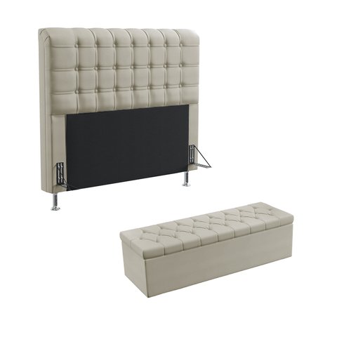 Kit Cabeceira Estofada Decorativa Box Rana 160 Para Cama Queen e Calçadeira Sagitarius Couro Artific
