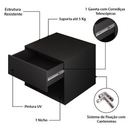 Mesa de Cabeceira Sofia Suspensa Fixa na Parede 1 Gaveta Corrediça Telescópica 1 Nicho - Lh Móveis - 5