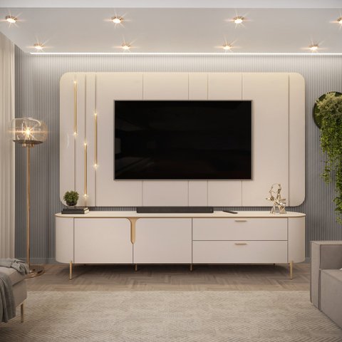 Painel com Bancada 241cm Avatar com Led e Detalhes Dourados para Tv até 75 Off White G18 - Gran Belo