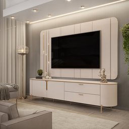 Painel com Bancada 241cm Avatar com Led e Detalhes Dourados para Tv até 75 Off White G18 - Gran Belo - 5
