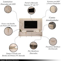 Painel com Bancada 241cm Avatar com Led e Detalhes Dourados para Tv até 75 Off White G18 - Gran Belo - 3