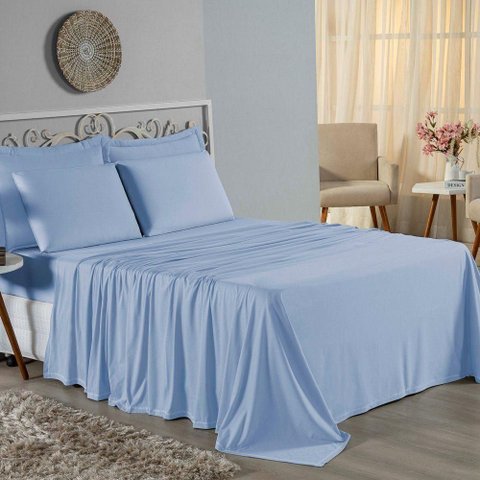 Jogo de Cama Casal Viúva Nobre 4 Peças Malha 100% Algodão - Azul-bebê