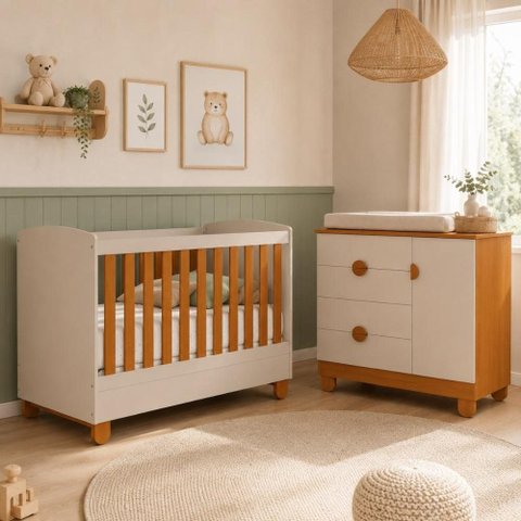 Conjunto Berço 2 em 1 e Cômoda 4 Gavetas Apolo Quarto Bebê