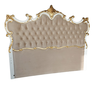 Cabeceira Queen Imperial Rainha Entalhada Laca Branca Apliques Folheados a Ouro Veludo Bege - 1