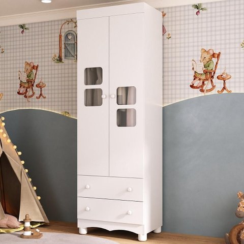 Guarda-roupa Infantil 62cm 2 Portas com Vidro e 2 Gavetas Luna Multimóveis Mp4411 Branco
